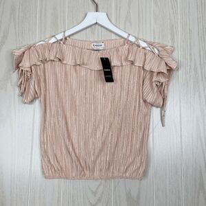 Bebe Women's Cross Detail Ruffle Top Pink Size Small Metallic Striped